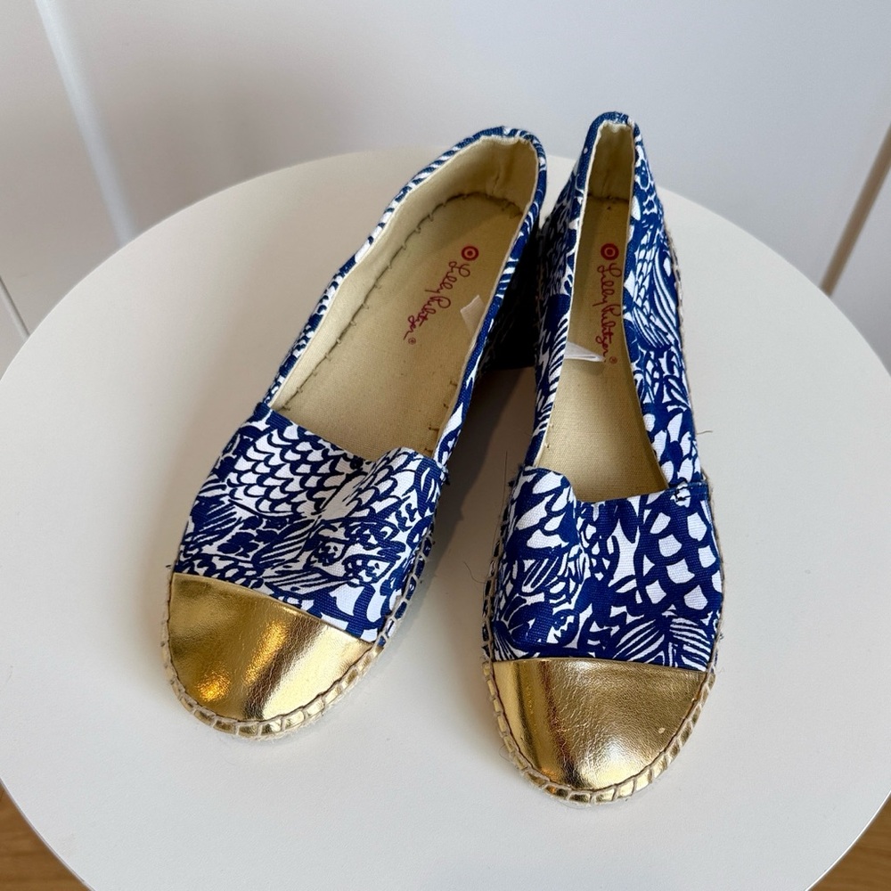 Lilly Pulitzer Navy & White Floral Espadrille Flats with Gold Toe